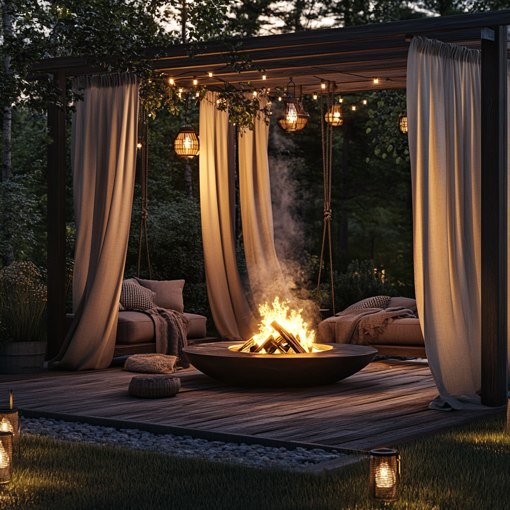 An image of a fire pit within a curtain-enclosed space. 