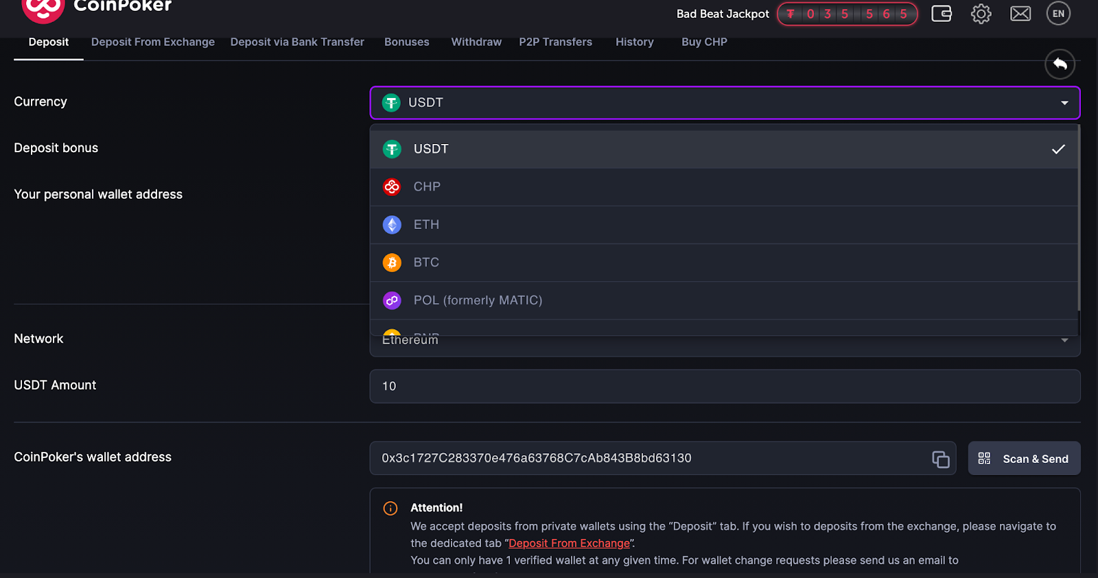 Deposit page on coinpoker showing USDT, BTC, ETH, POL crypto methods using personal wallet.