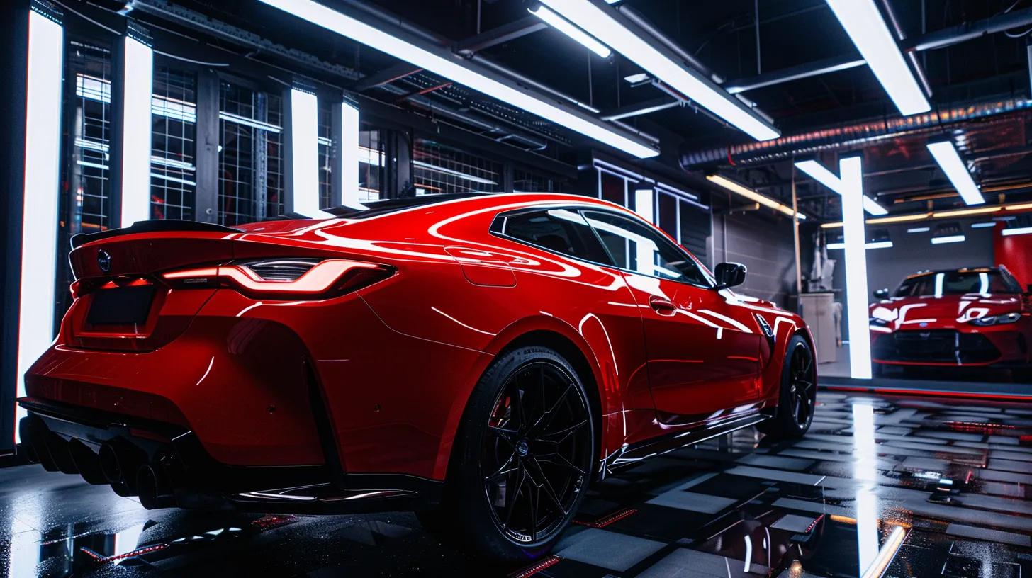 a sleek car gleams under bright, artificial lights in a modern detailing workshop, showcasing its flawless, freshly polished paint, highlighting the meticulous care and professional service that enhances paint protection.