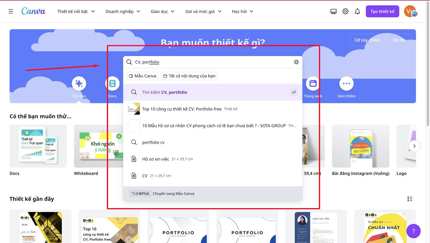 Bước 2: Nhập từ khoá CV, Portfolio vào khung tìm kiếm của Canva