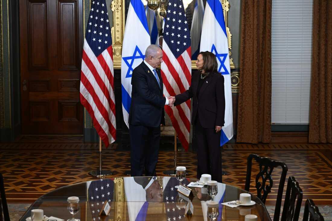 Vice President Harris and Israeli Prime Minister Benjamin Netanyahu shake hands before a meeting at the White House on July 25, 2024.