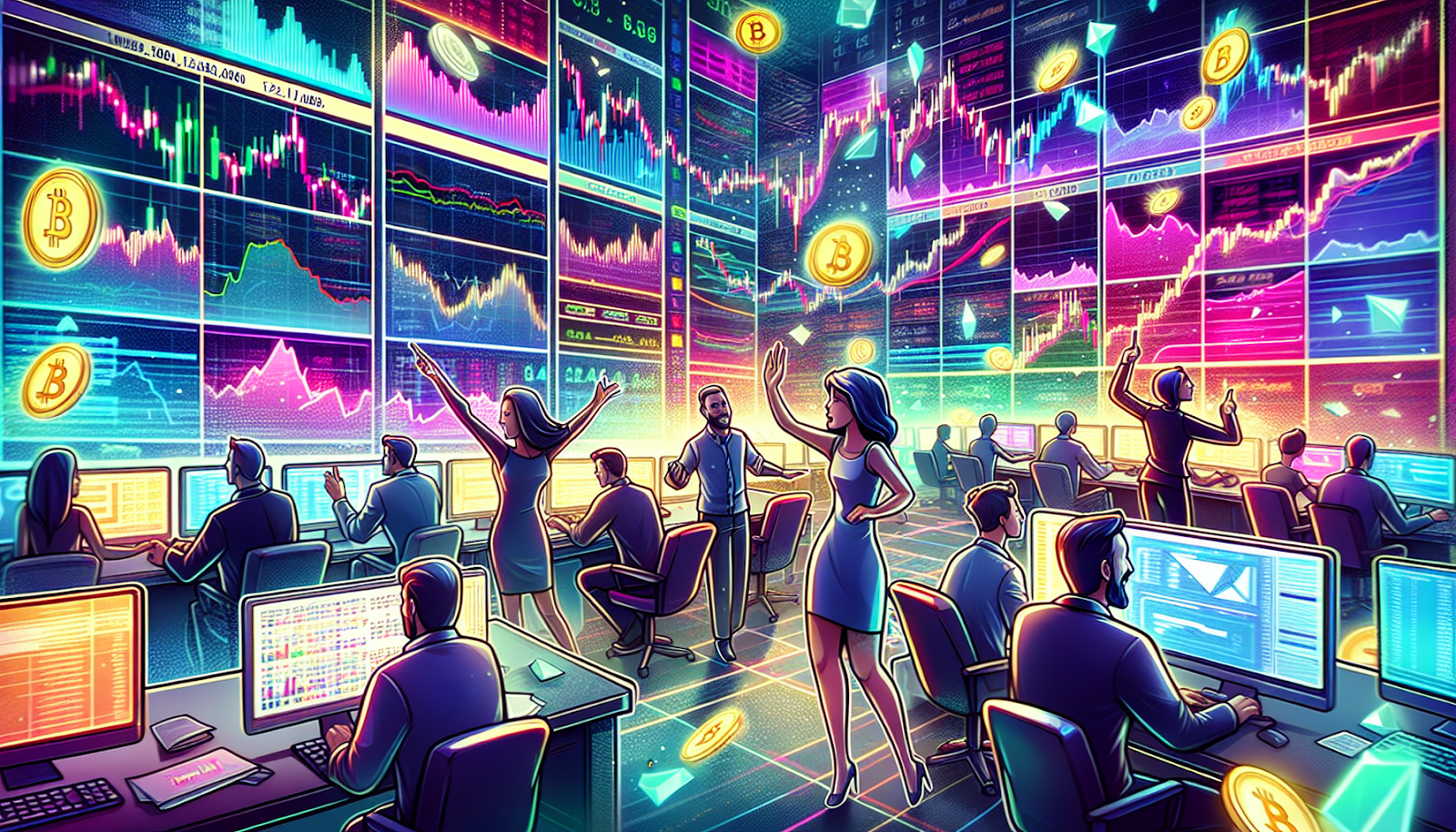 A cartoon showing market makers and liquidity providers at work in a crypto exchange.