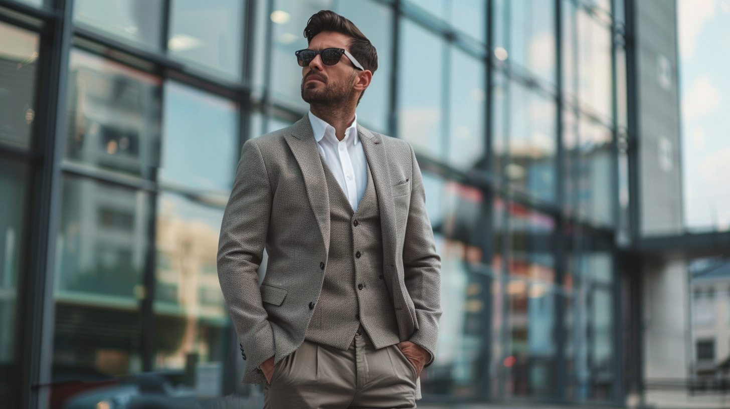 A stylish man wearing a modern fit medium-gray suit, combining comfort and shape. He stands near a glass building, hands in pockets, looking clean and sharp for business or social occasions.