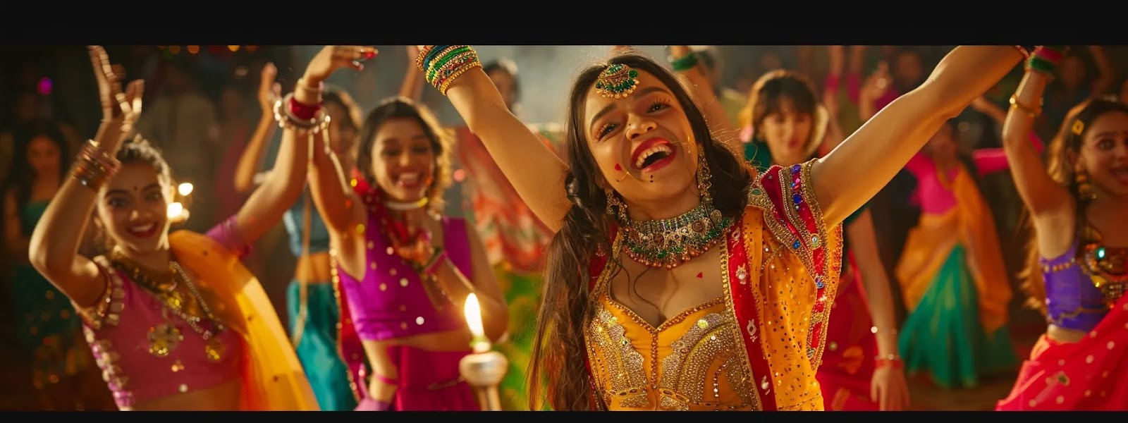 a group of dancers in colorful bollywood attire, emoting with expressive facial expressions, practicing intricate dance routines under the guidance of instructors and receiving feedback from fellow dancers.