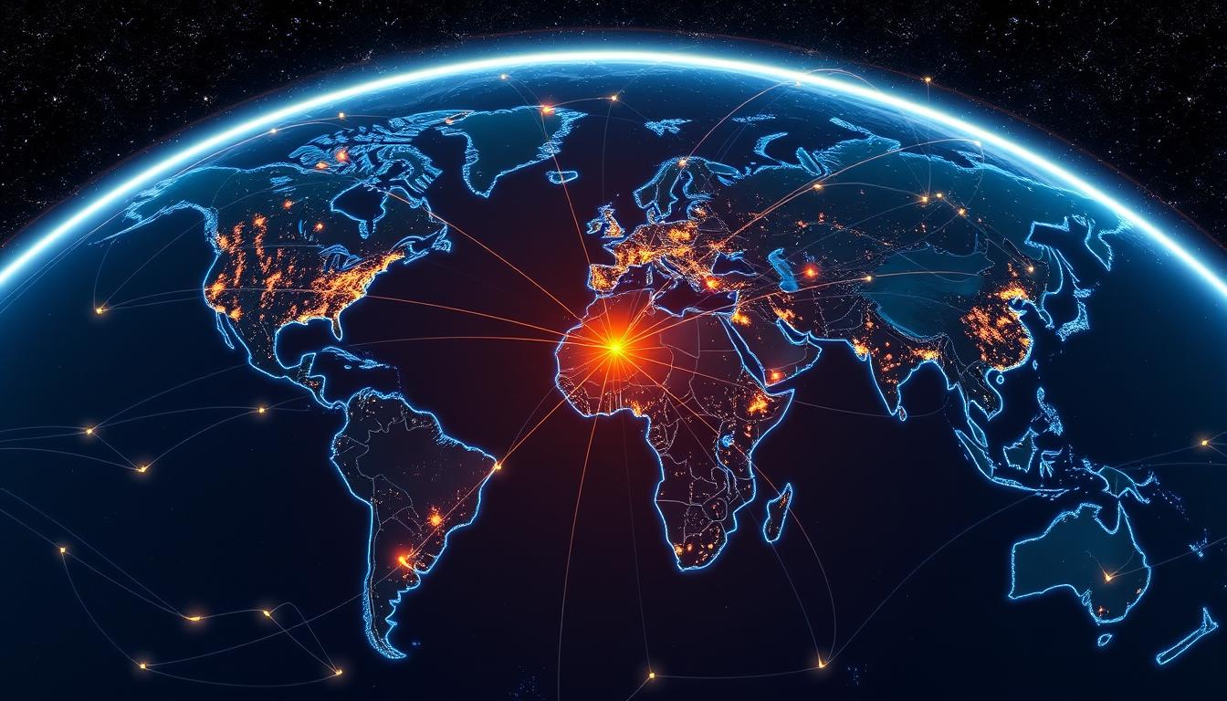 A world map with glowing satellite connections radiating from a central point, illustrating global coverage of Starlink Internet, showcasing diverse landscapes like mountains, forests, deserts, and cities interconnected by a network of bright lines representing high-speed connectivity, starry night sky overhead filled with stars and satellites.