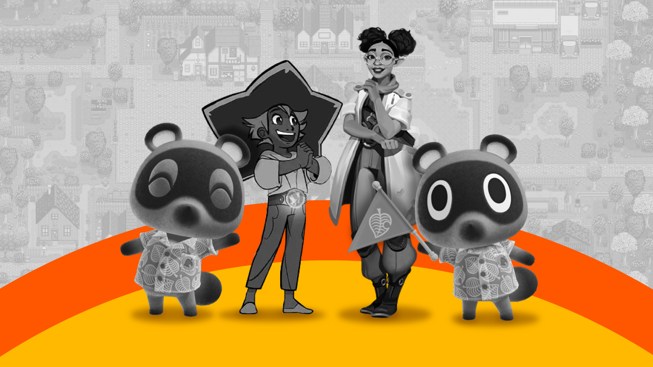 Grayscale characters from games like Stardew Valley (including Animal Crossing New Horizons, Disney Dreamlight Valley, and Palia) over a stylized background