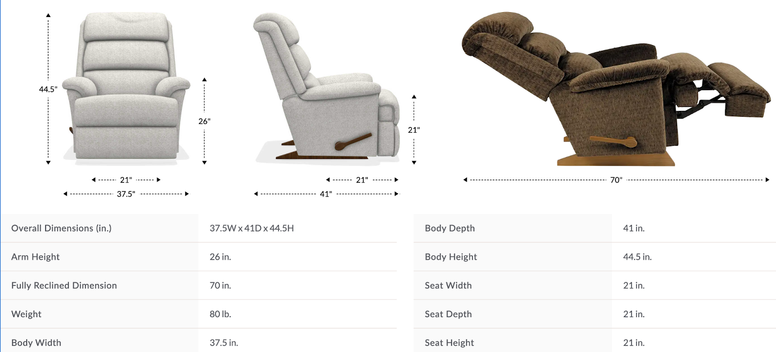 astor rocking recliner dimensions