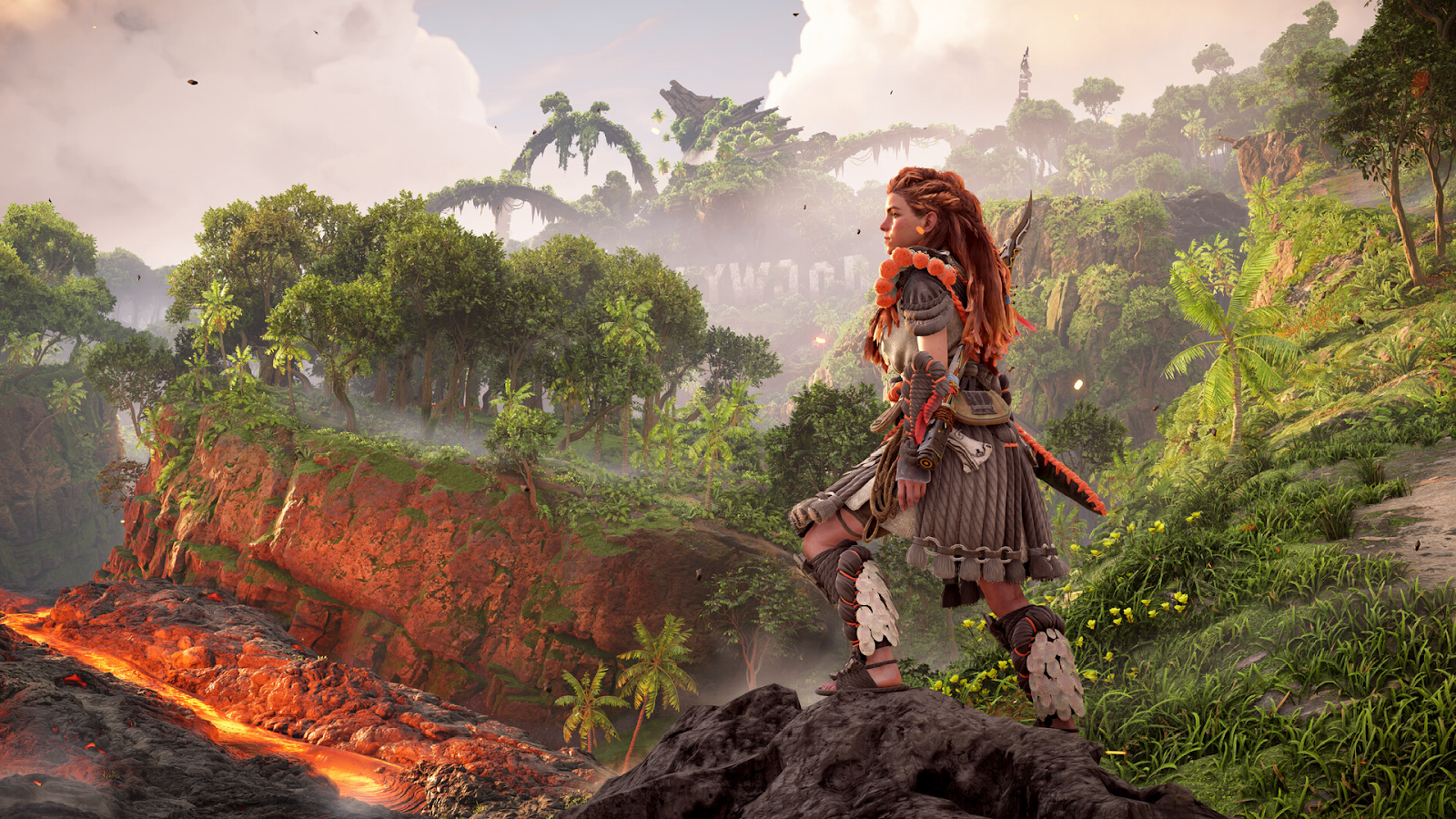 Screenshot of Aloy overlooking a forest in Horizon Forbidden West.