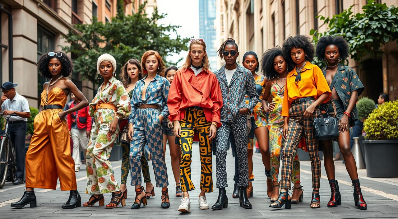 A vibrant street scene featuring diverse models showcasing the latest fashion trends, with bold colors, unique patterns, and eclectic styles. The background is filled with urban architecture and greenery, while the models confidently pose in dynamic stances, radiating energy and individuality.