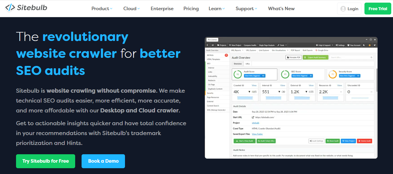 Screenshot of Sitebulb's homepage