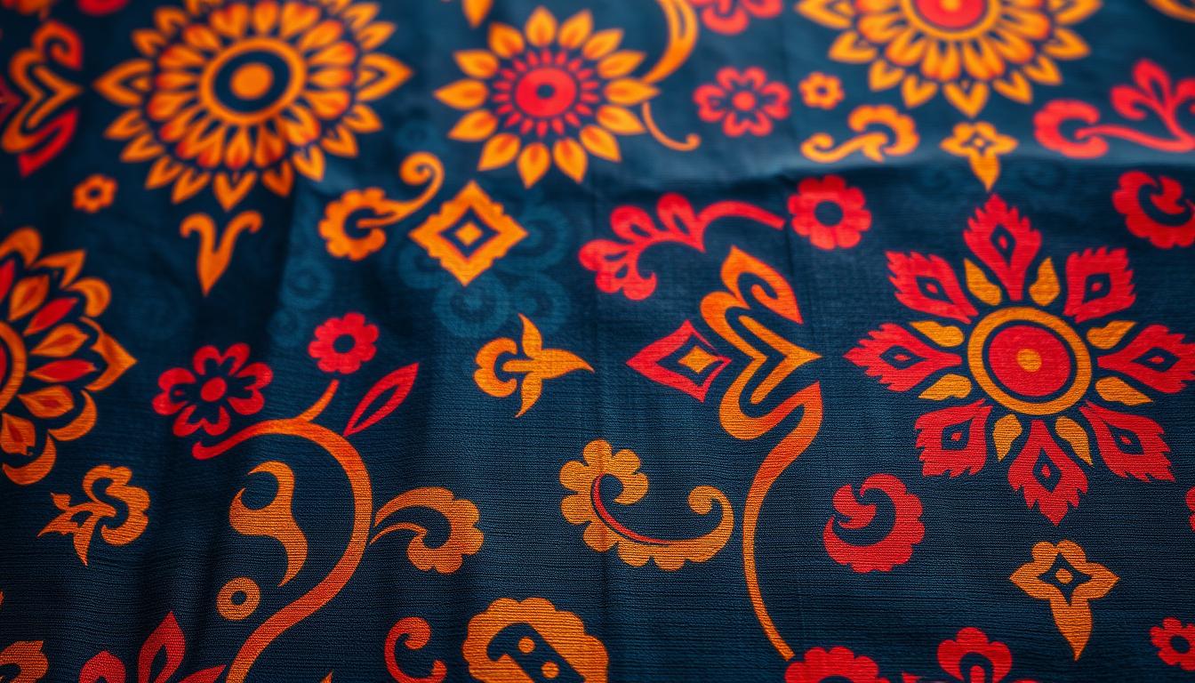 A detailed close-up shot of intricately patterned authentic batik fabric, showcasing the intricate wax-resist dyeing technique. The fabric is rendered with a rich, saturated color palette of deep indigos, warm ochres, and vibrant reds, creating a visually striking and textured surface. The pattern features a harmonious balance of geometric shapes, flowing organic motifs, and symbolic elements that are unique to the Malaysian batik tradition. The lighting is soft and diffused, highlighting the subtle nuances and depth of the handcrafted textile. The overall composition emphasizes the artisanal quality and cultural significance of this traditional art form.