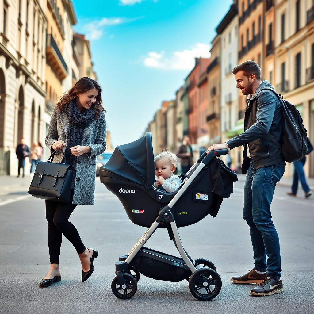 Family using Doona in European city street