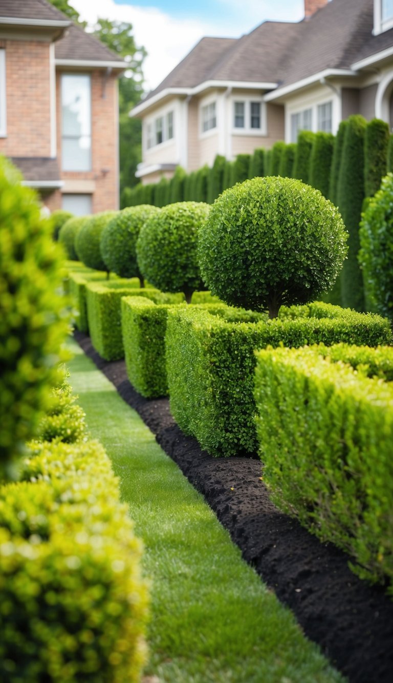 A row of boxwood topiaries creates a natural privacy barrier between two houses, providing a lush and elegant landscaping solution