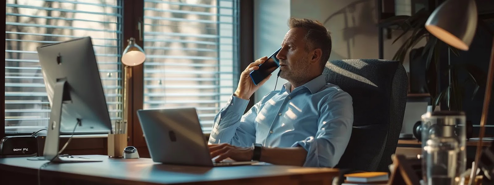 a person sitting at a desk with a laptop and phone, speaking with an insurance agent over the phone.