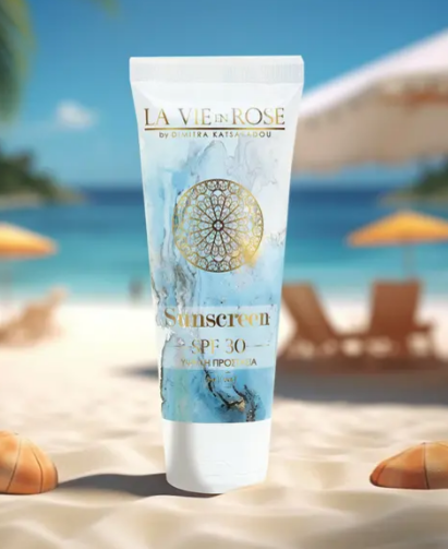 A tube of sunscreen on a beach

Description automatically generated