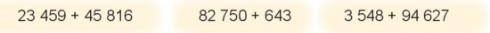 BÀI 63. PHÉP CỘNG TRONG PHẠM VI 100 000HOẠT ĐỘNGBài 1: TínhĐáp án chuẩn:Bài 2: Đặt tính rồi tínhĐáp án chuẩn:Bài 3: Tính nhẩm (theo mẫu)a) 6 000 + 5 000b) 9 000 + 4 000c) 7 000 + 9 000Đáp án chuẩn:a) 11 000b) 13 000c) 16 000Bài 4: Để phục vụ học sinh chuẩn bị vào năm học mới, một cửa hàng đã nhập về 6 500 cuốn sách giáo khoa, 3 860 cuốn sách tham khảo và 8 500 cuốn vở. Hỏi cửa hàng đó đã nhập về tất cả bao nhiêu cuốn sách và vở?Đáp án chuẩn:Tổng số sách và vở cửa hàng đã nhập về là 18 860 cuốn.LUYỆN TẬP 3