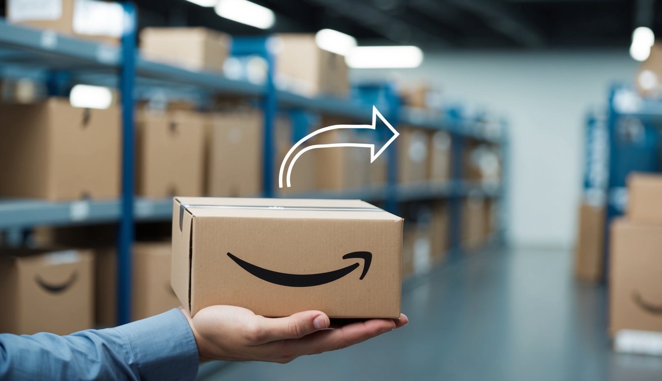 A hand holding a product with an arrow pointing to a shipping box, symbolizing the process of transferring inventory between fulfillment centers on Amazon