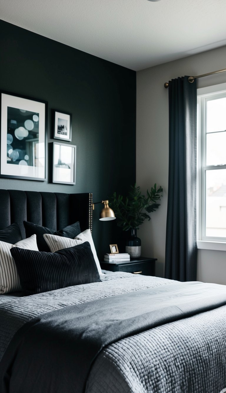 A cozy bedroom with dark charcoal walls, adorned with black and gray furnishings and decor