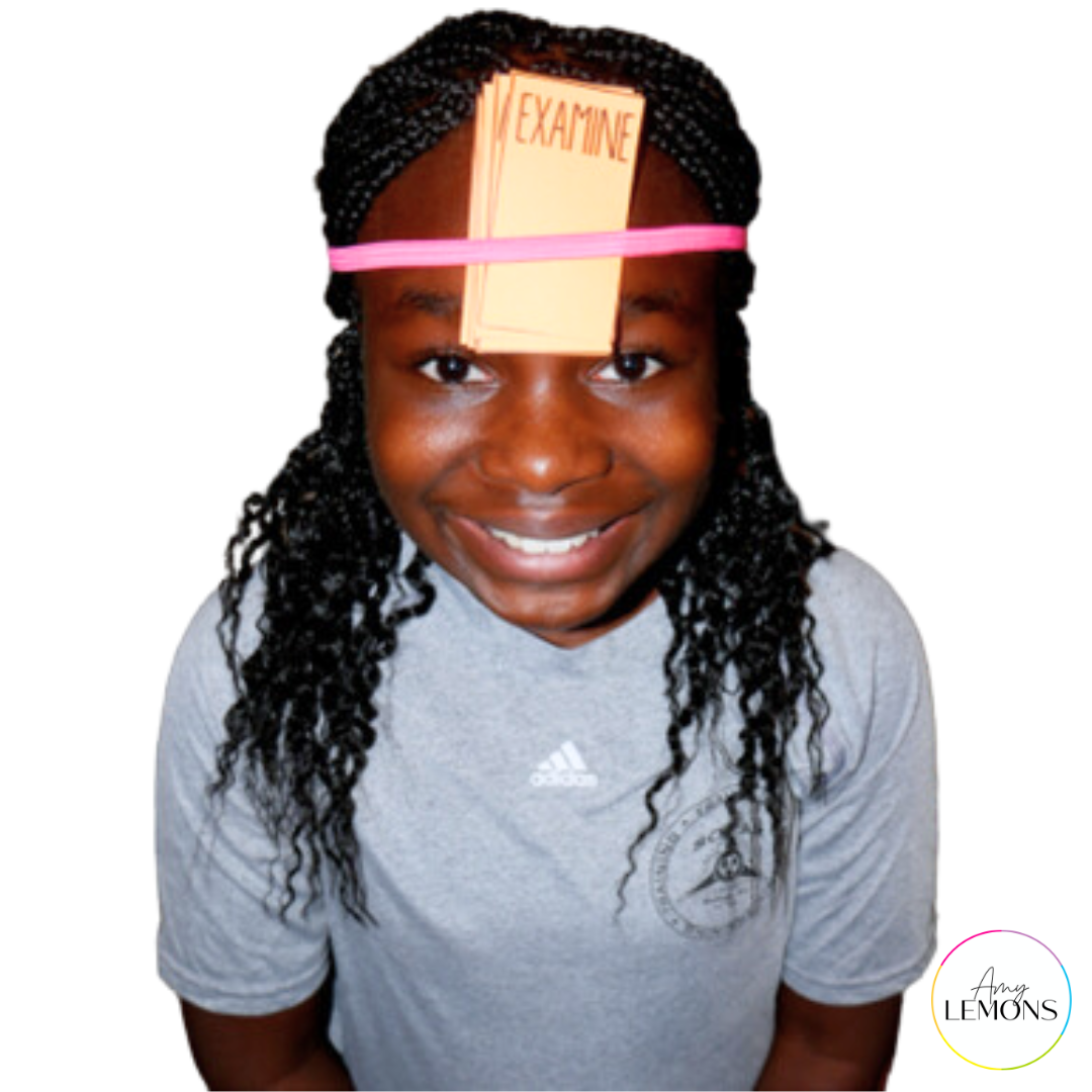 Vocabulary games example with a version of the game Heads Up. Student has a card on forehead using head band for students to guess.