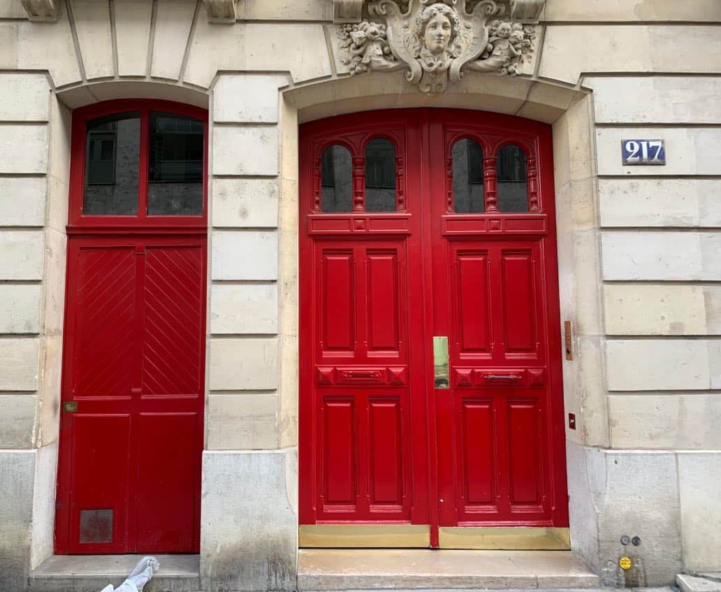 Red front doors painted Benjamin Moore ruby red and rapture