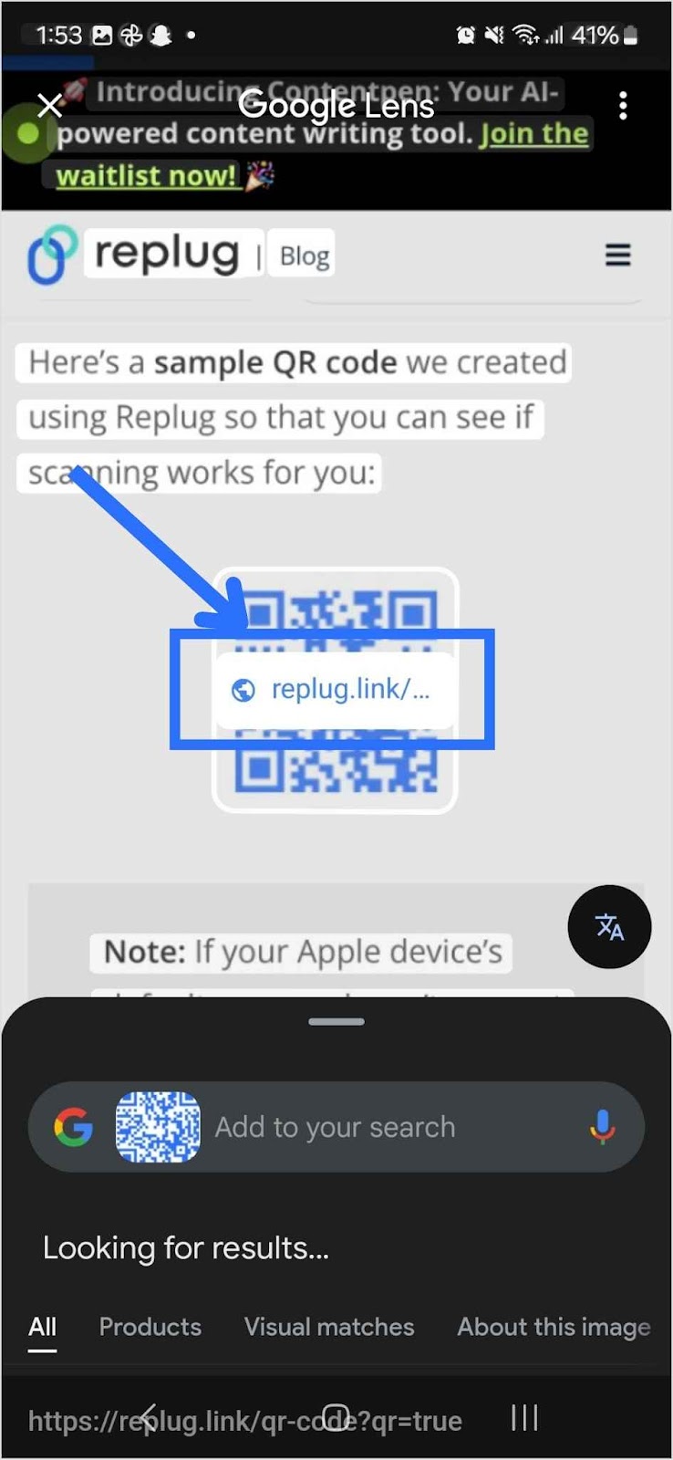 Scanned QR code using Google Lens