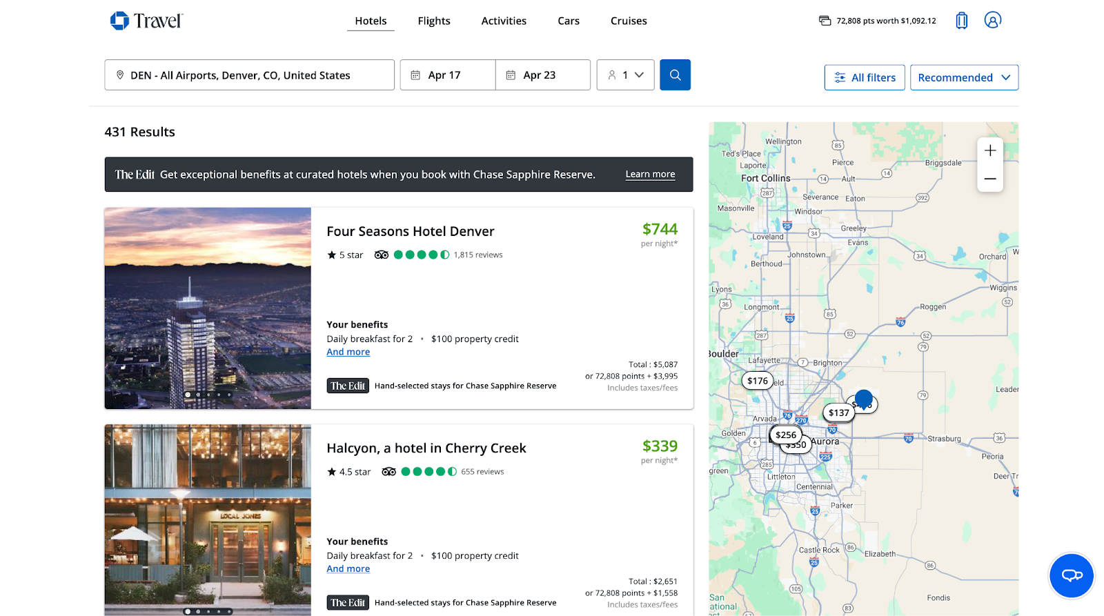 screenshot of hotel options in chase travel 