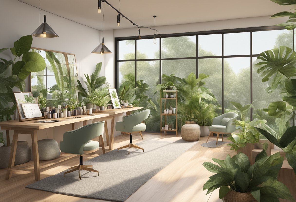 A serene studio with lush greenery and soft natural lighting, showcasing a variety of eco-friendly lash products and tools