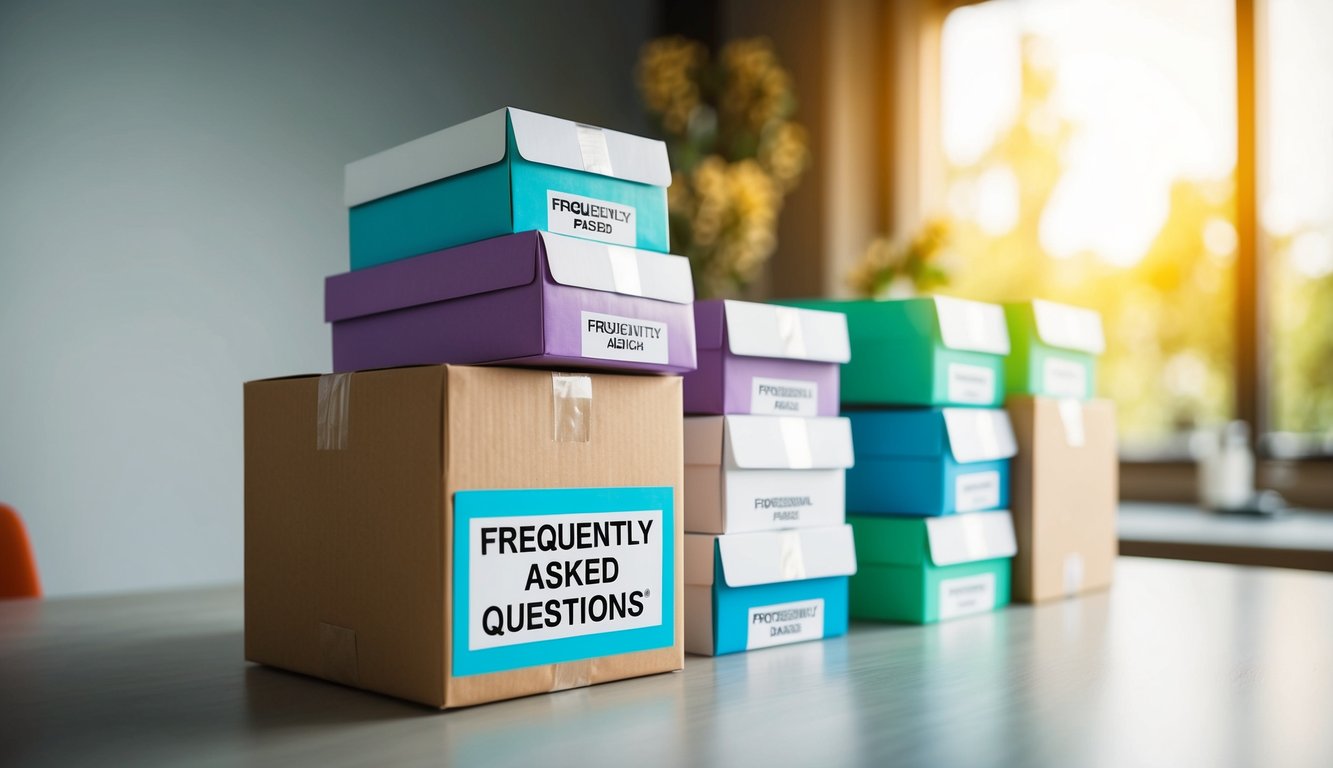 A stack of colorful packaging boxes with "Frequently Asked Questions" label, ready for shipping in an ecommerce setting