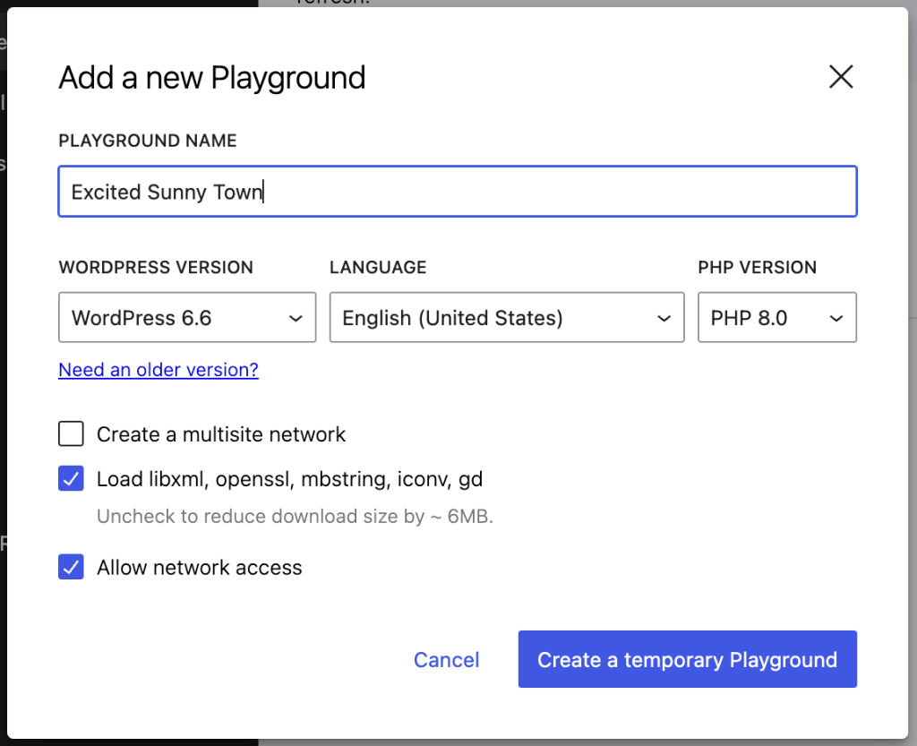 A screenshot of the Add Playground dialog