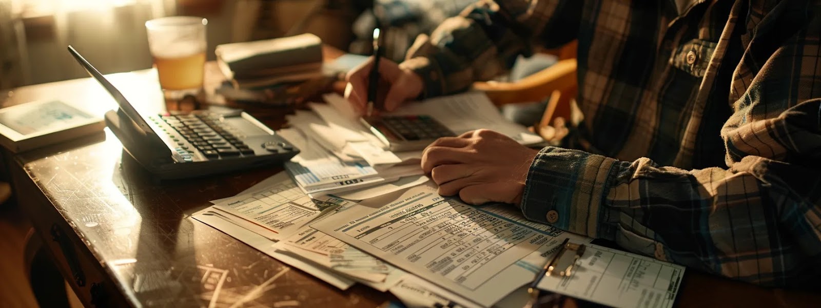 a person comparing two insurance plans in oklahoma, with a calculator and paperwork spread out on a table for reference.