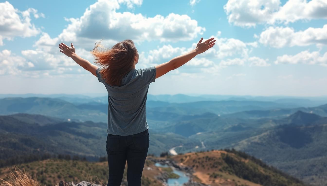 A person standing on a mountaintop with arms outstretched and face turned towards the sun, eyes closed in thankfulness. The wind blows through their hair as they take in the beauty of the world around them. In the distance, a series of rolling hills and valleys can be seen, stretching out as far as the eye can see. The sky above is a brilliant shade of blue, dotted with fluffy white clouds. At the person's feet, a small river meanders its way down towards the valley below. The scenery is peaceful and serene, and there is a sense of calm and contentment that radiates from the image. It is clear that the person is grateful for all that surrounds them and for the blessings in their life.