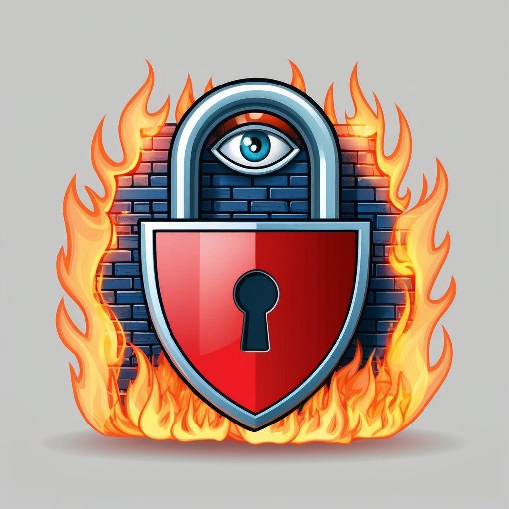 A digital lock with a shield symbol, surrounded by a wall of fire and guarded by a vigilant eye