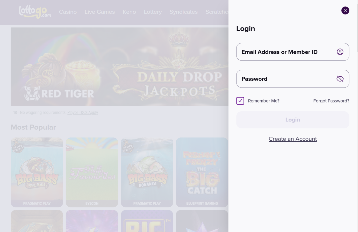 Lottogo login page