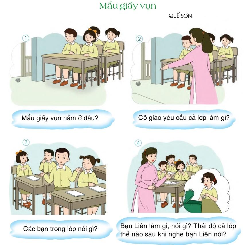 BÀI 7: THẦY CÔ CỦA EMChia sẻCâu 1: Cùng hát một bài hát về thầy cô.Giải nhanh:Cùng hát một bài hát về thầy cô.Câu 2: Tưởng tượng một điều hay mà thầy cô dạy em là một quả táo ngọt, em hãy đặt tên cho những quả táo chưa có tên và nói về những quả táo đó.Giải nhanh:Nói: Thầy cô dạy em nói những điều hay.Nghe: Thầy cô dạy em biết lắng nghe ý kiến của mọi người.Làm: Thầy cô dạy em làm việc tốt, giúp đỡ mọi người.BÀI ĐỌC 1: CÔ GIÁO LỚP EMĐọc hiểu Câu 1: Tìm khổ thơ ứng với mỗi ý:Trả lời:Câu 2: Tìm những hình ảnh đẹp trong khổ thơ 1 và khổ thơ 2.Ví dụ: Cô mỉm cười thật tươi (Khổ thơ 1).Trả lời:- Những hình ảnh đẹp trong khổ thơ 1 và khổ thơ 2.Ví dụ: Cô mỉm cười thật tươi (Khổ thơ 1).Nắng ghé vào cửa lớp (Khổ thơ 2).Ấm trang vở thơm tho (Khổ thơ 3).Câu 3: Trong khổ thơ 3:a) Từ ấm cho em cảm nhận lời giảng của cô giáo như thế nào?b) Các từ ngữ yêu thương, ngắm mãi nói lên tình cảm của học sinh với cô giáo như thế nào?Trả lời:- Trong khổ thơ 3:a) Từ ấm cho em cảm nhận lời giảng của cô giáo: giọng nói hiền từ, ấm áp, truyền cảm.b) Các từ ngữ yêu thương, ngắm mãi nói lên tình cảm của học sinh với cô giáo: vô cùng yêu quý và kính trọng cô giáo.Luyện TậpCâu 1: Dựa vào bài thơ hãy sắp xếp các từ sau vào nhóm phù hợp:a) Từ ngữ chỉ hoạt động của cô giáo.b) Từ ngữ những chuyển động của học sinhGiải nhanh:dạy, đáp, mỉm cười, giảng. ngữ những chuyển động của học sinh: chào, thấy, học, viết, ngắm.Câu 2: Mỗi bộ phận câu in đậm dưới đây trả lời cho câu hỏi nào:a) Các bạn học sinh chào cô giáo.b) Cô mỉm cười thật tươi.c) Cô dạy em tập viết.d) Học sinh học bài.Giải nhanh:a) Làm gì?b) Ai?c) Làm gì?d) Làm gì?Bài viết 1Câu 1: Nghe-viết: Cô giáo lớp em.Giải nhanh:Nghe-viếtCâu 2: Chọn chữ hoặc vần phù hợp với ô trống:a) Chữ ch hay tr?b) Vần iêng hay iêng?Giải nhanh:a) trời/ chang/ chẳng/ chì.b) tiếng/ diễn/ tiếng.Câu 3: Tập viết: a) Viết chữ hoa: Eb) Viết ứng dụng: Em yêu thầy cô của em.BÀI ĐỌC 2: MỘT TIẾT HỌC VUICâu 1: Thầy giáo mang giỏ trái cây đến lớp để làm gì?Trả lời:Thầy giáo mang giỏ trái cây đến lớp để: các bạn quan sát và viết đoạn văn tả loại trái cây mình yêu thích.Câu 2: Các bạn học sinh đã làm gì với giỏ trái cây đó?Trả lời:Các bạn học sinh đã làm gì với giỏ trái cây đó: các bạn chuyền tay nhau vuốt ve, ngắm nghíaCâu 3: Theo em, vì sao các bạn thấy tiết học rất vui?Trả lời:Theo em, các bạn thấy tiết học rất vui vì được tận mắt quan sát, và được nếm thử hương vị của trái cây thầy mang đến.Luyện tậpCâu 1: Tìm trong bài một câu để kể cho biết cuối câu đó có dấu câu gì?Trả lời:Một câu để kể trong bài: Chúng tôi cùng nhau ăn trái cây rồi nói cảm nhận của mình.Cuối câu để kể có dấu: chấm.Câu 2: Tìm trong bài đọc 1 câu dùng để yêu cầu đề nghị. Cuối câu nêu yêu cầu đề nghị có dấu câu gì?Trả lời:Một câu dùng để yêu cầu đề nghị: Bây giờ các em nếm thử trái cây và cảm nhận vị ngon của chúng!Cuối câu nêu yêu cầu đề nghị có dấu câu: chấm than.Câu 3: Câu tiết học vui quá thể hiện cảm xúc gì? Cuối câu đó có dấu gì?Trả lời:Câu tiết học vui quá thể hiện cảm xúc: vui vẻCuối câu đó có dấu: chấm thanKể chuyện – trao đổiCâu 1: Nghe và kể lại mẩu chuyện sau:Trả lời:- Nghe và kể lại mẩu chuyện sau: Lớp học rất sạch, sáng sủa. Cô giáo bước vào lớp khen lớp rất sạch. Cô hỏi cả lớp: “Các em có nhìn thấy mẩu giấy đang nằm ngay giữa cửa kia không?”. Cả lớp đồng thanh đáp: “Có ạ!”. Cô giáo hỏi: “Các em có nghe mẩu giấy nói gì không?”. Cả lớp im lặng lắng nghe rồi xì xào bàn tán. Bỗng một em trai đánh bạo xin nói: “Thưa cô, giấy không nói được ạ!”. Cả lớp xì xào hưởng ứng: “Đúng đấy ạ!” Bỗng một em gái đứng dậy, đi lại phía cửa lớp học nhặt mẩu giấy mang bỏ vào sọt rác. Em xin phép cô giáo, nói: “Thưa cô, em có nghe thấy ạ. Mẩu giấy bảo: Các bạn ơi! Hãy bỏ tôi vào sọt rác!”. Cả lớp cười rộ lên thích thú.Câu 2: Nếu có bạn vứt một mẩu giấy vụn ra lớp em sẽ nói gì với bạn?Giải nhanh:  Cậu ơi đừng vứt rác bừa bãi, hãy nhặt giấy lên và cho vào thùng rác