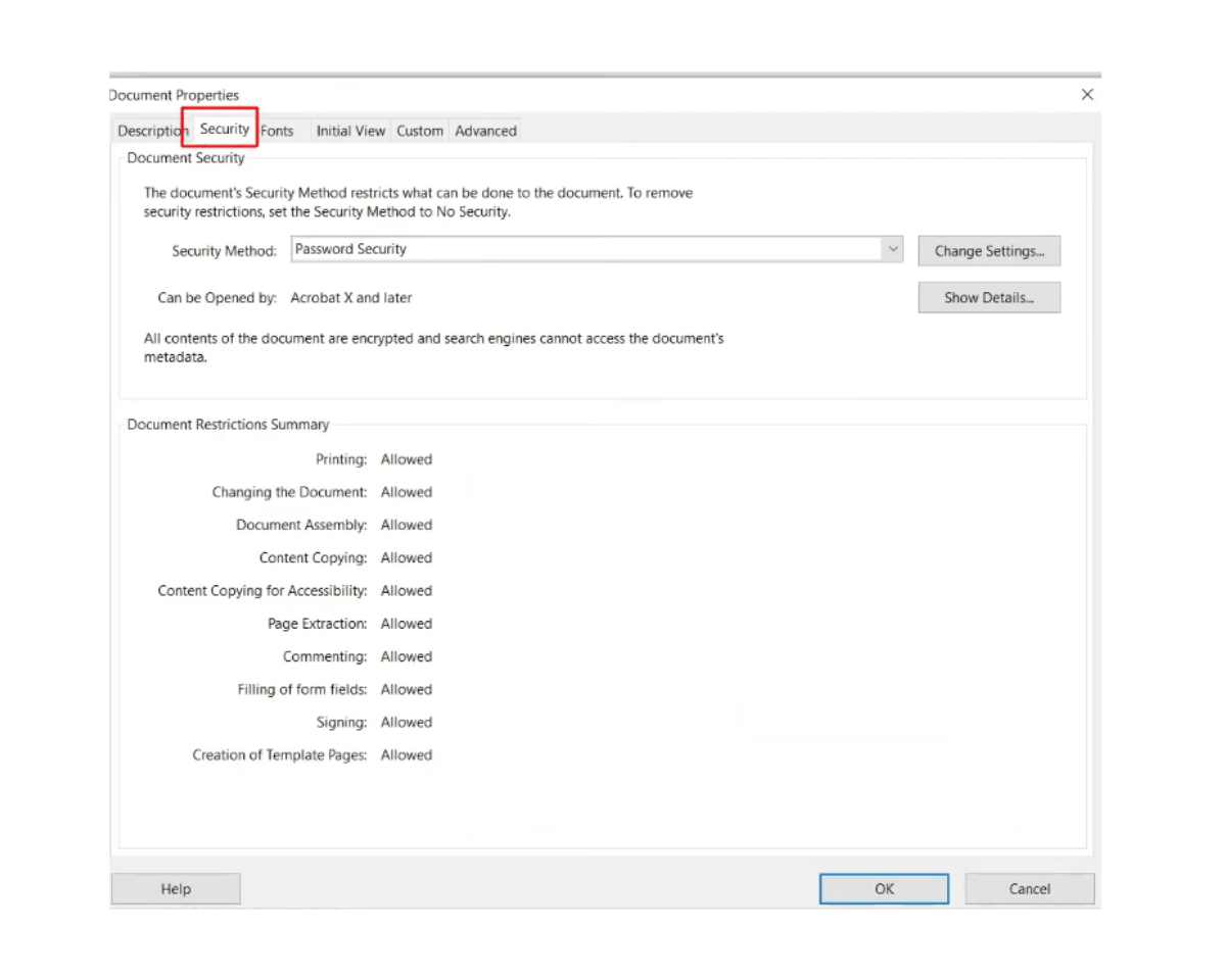 How to remove permissions from PDF files using Adobe Acrobat: In the document properties window click the Security tab