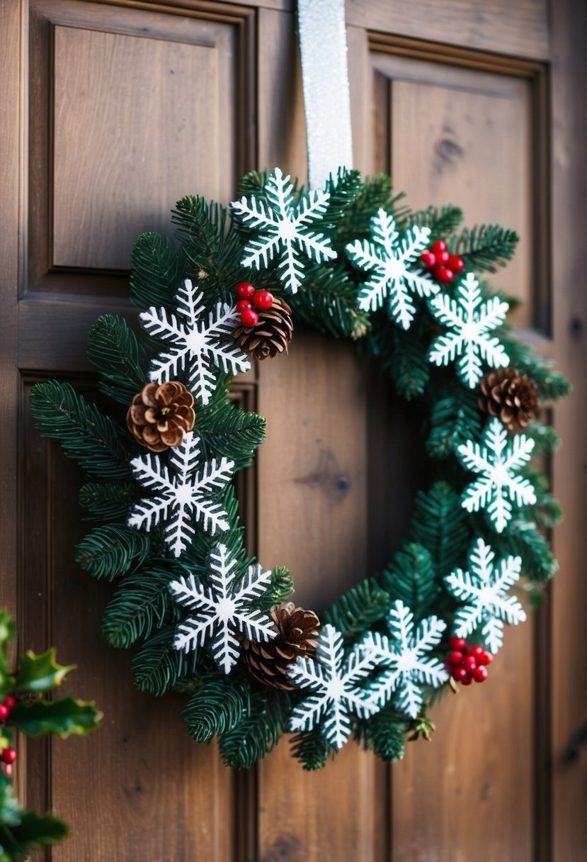 A silver snowflake accent wreath hangs on a rustic wooden door, surrounded by pinecones and holly berries