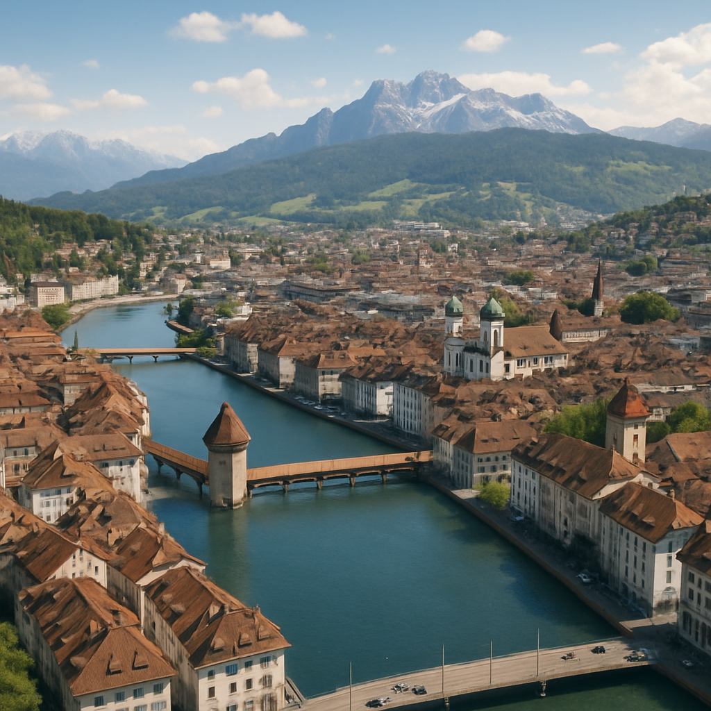 Aerial view of Luzern, showcasing its urban landscape and surrounding mountains