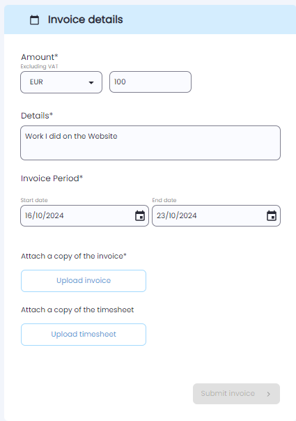 Invoice details form with upload field