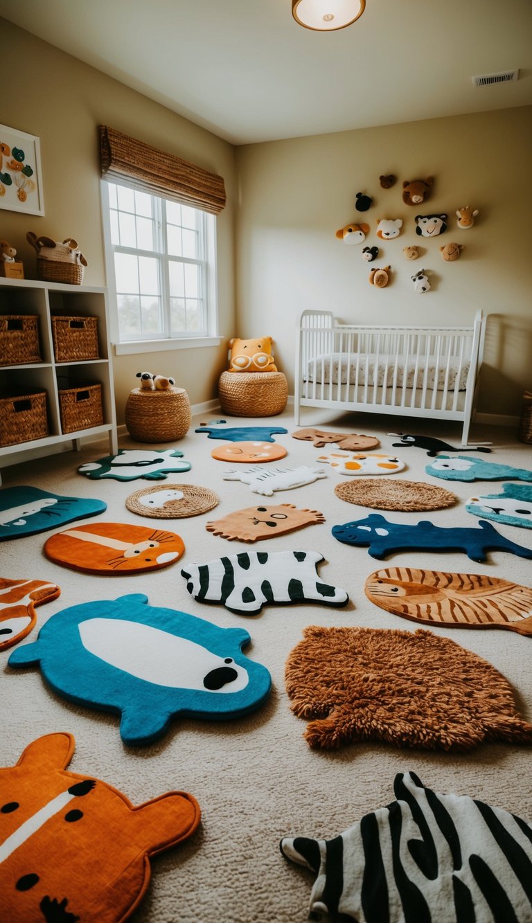 A cozy kids' bedroom with 22 animal-shaped rugs scattered across the floor, creating a playful and whimsical atmosphere