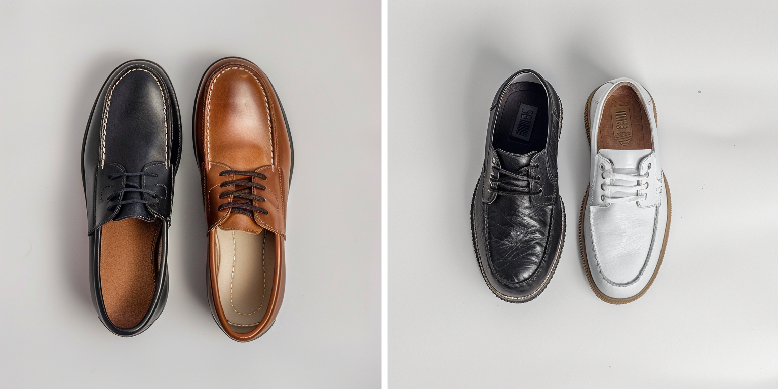 Side-by-side comparison of men’s business casual shoes: polished brown leather loafers, black derby shoes, and clean white leather sneakers on one side; worn running shoes, casual sandals, and rugged work boots on the other. Set against a clean neutral background, soft shadows, clear contrast between appropriate and inappropriate styles for office wear.