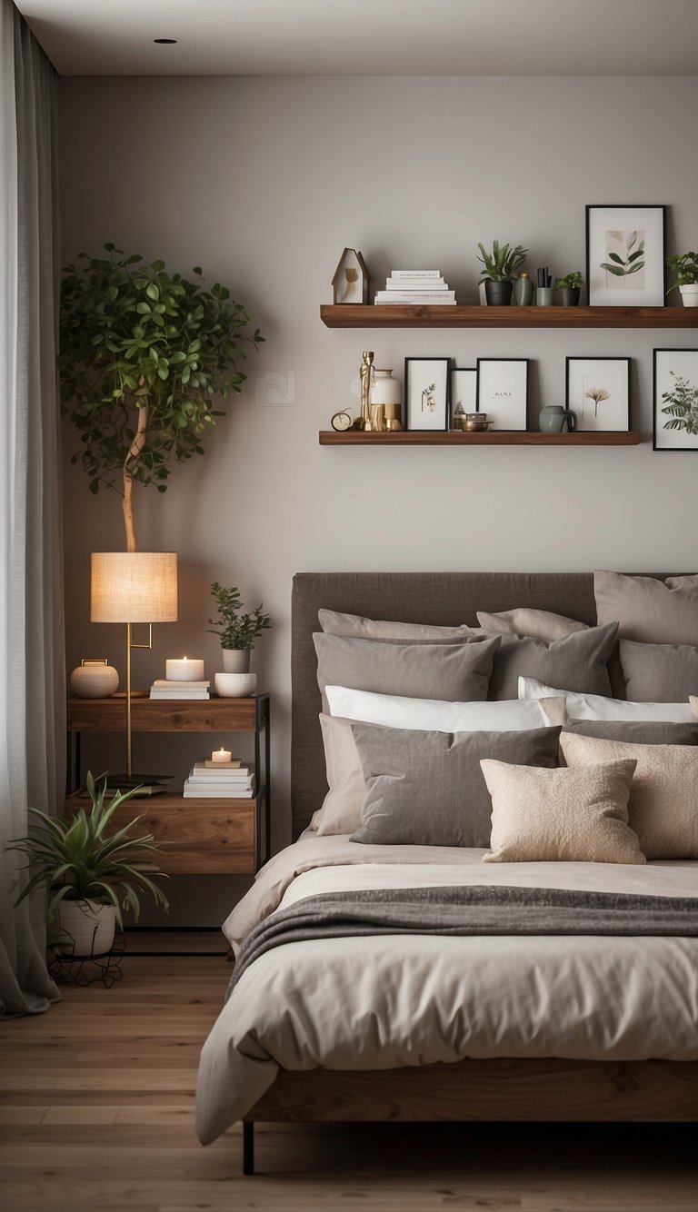 A bedroom with floating shelves adorned with decor, creating a cozy and romantic atmosphere for couples