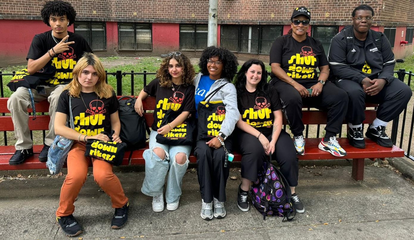 Calum left, Lune second from left, and Sara third from left during a canvassing and door-knocking in Harlem, June 11, 2024.