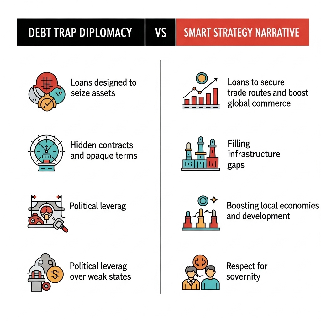 Infographic comparing debt trap diplomacy with smart strategy in China’s Belt and Road Initiative.