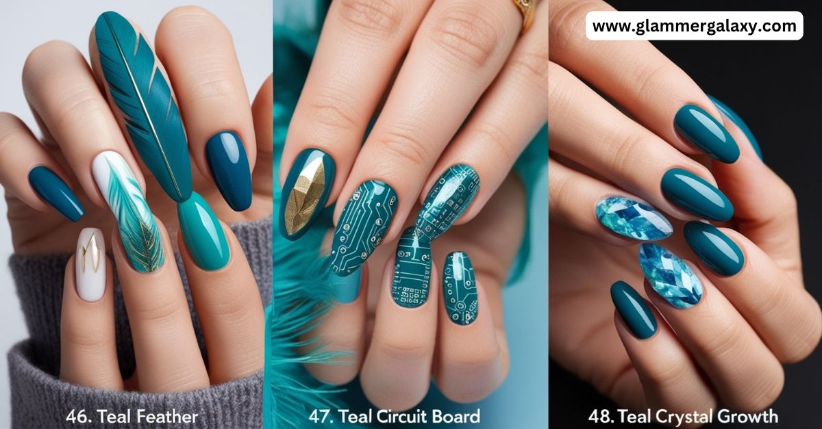 Three images of teal-colored nail art designs labeled 46 to 48, featuring feathers, circuits, and crystals.