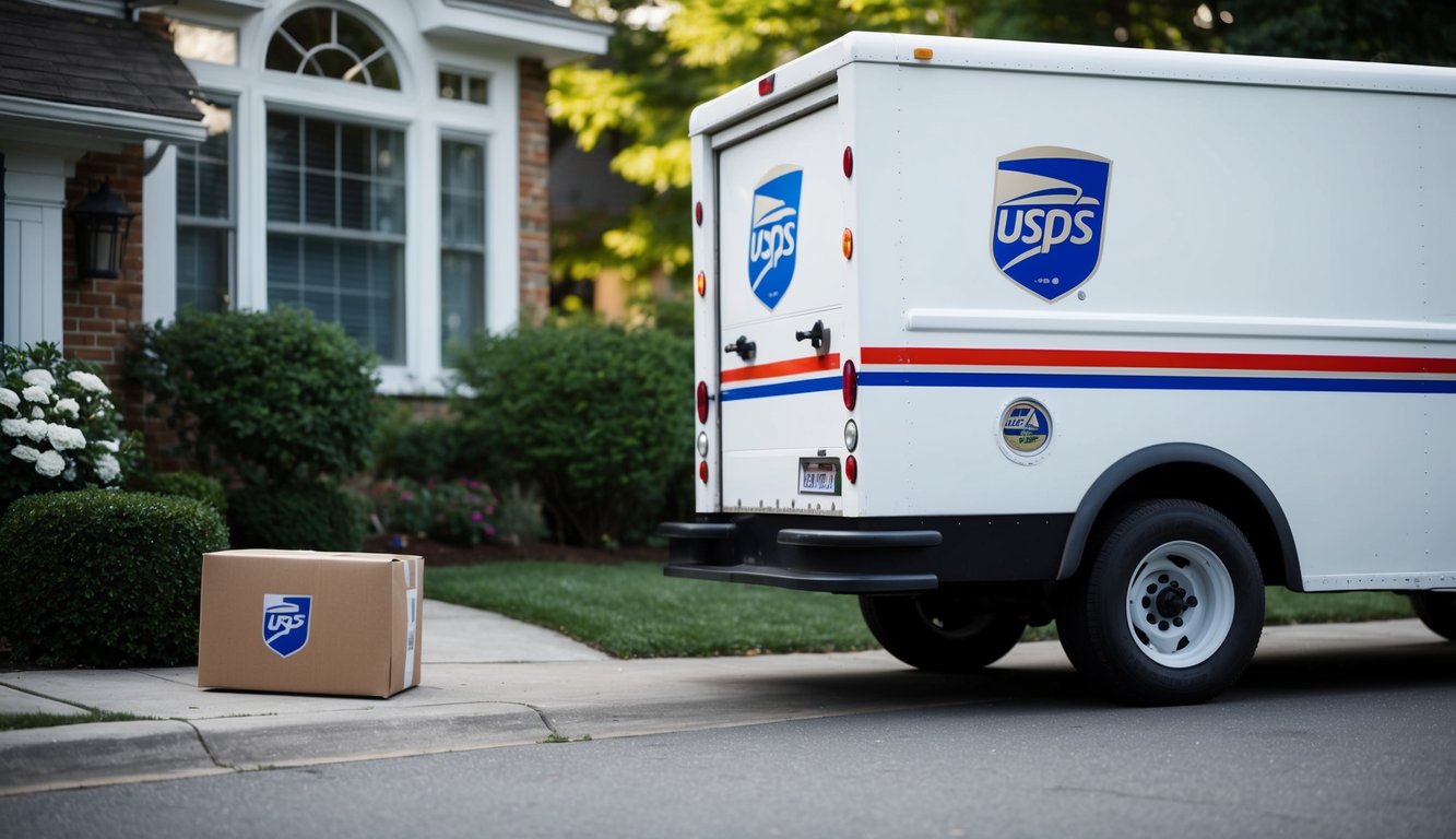 A delivery truck with a USPS logo parked outside a home, with a package missing from the doorstep