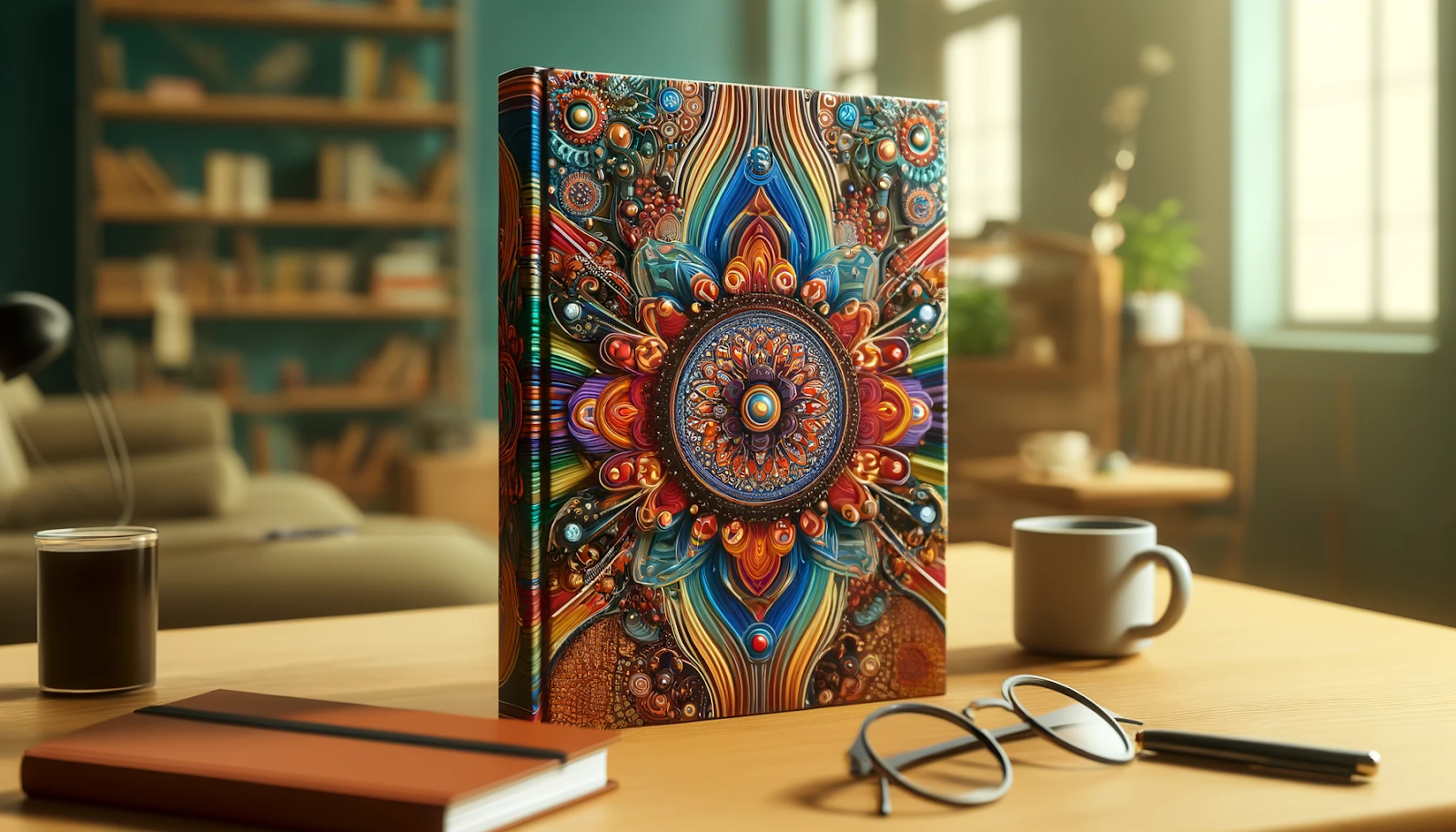 A stunning digital illustration of a hardcover book standing upright on a wooden table, featuring an intricate, colorful mandala design on its cover. The design consists of detailed, symmetrical patterns with vibrant hues of orange, blue, red, and gold, creating a mesmerizing, almost three-dimensional effect. The surrounding setting is a cozy reading space with bookshelves, a comfortable chair, and warm natural lighting.