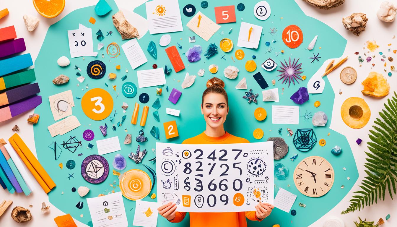 An image depicting a person surrounded by various symbols of manifestation, such as vision boards, affirmations, and crystals. Show the person holding a piece of paper with the numbers 3-6-9 written on it, representing the powerful manifestation technique. Use bright colors and light to convey a sense of positivity and possibility.