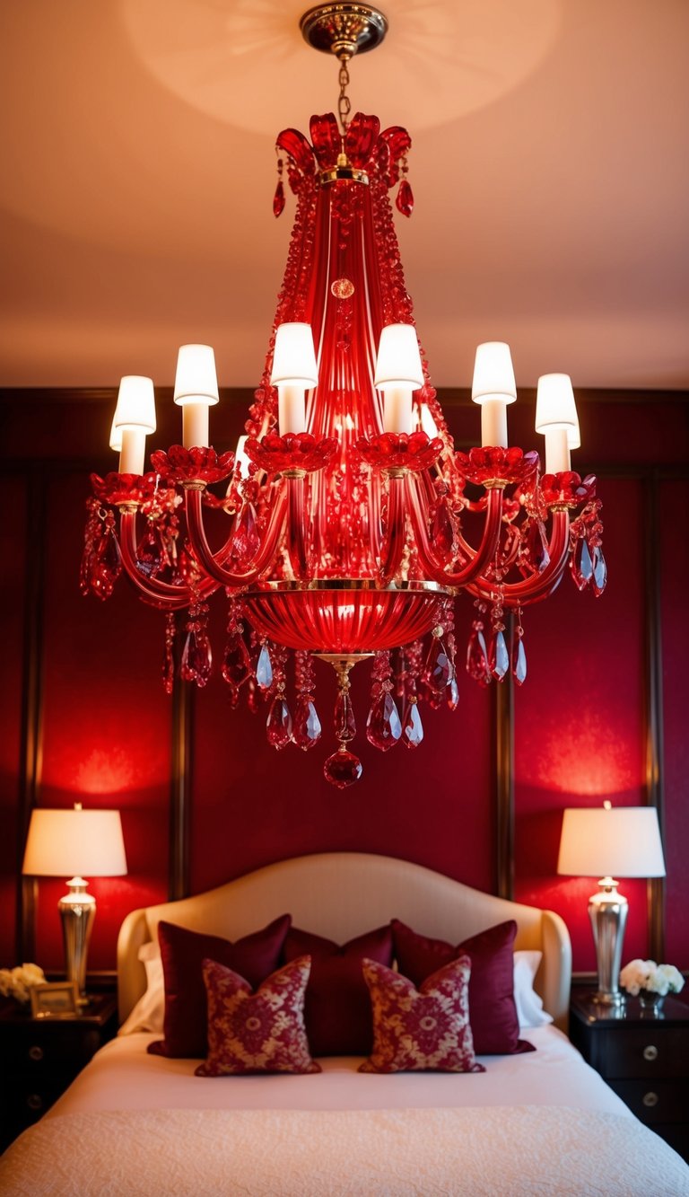 A grand ruby glass chandelier hangs above a luxurious red-themed bedroom, casting a warm and romantic glow