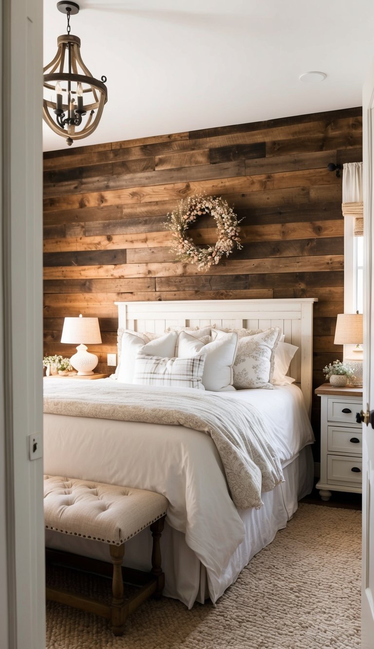 A cozy country farmhouse bedroom with a rustic barnwood accent wall, soft lighting, and charming decor