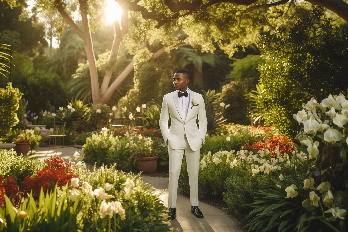 
A groom wearing a sleek white tuxedo, standing confidently in a lush garden wedding setting. Vibrant flowers and rich greenery surround him, creating a natural and romantic backdrop. The groom's polished shoes and crisp white attire exude elegance and refinement, perfectly complementing the serene garden atmosphere. Soft sunlight filters through the trees, enhancing the timeless and sophisticated look of the white tuxedo